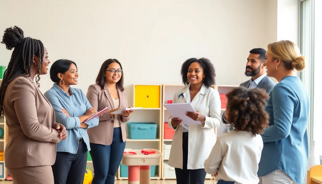 parents discussing daycare options in a modern childcare center.