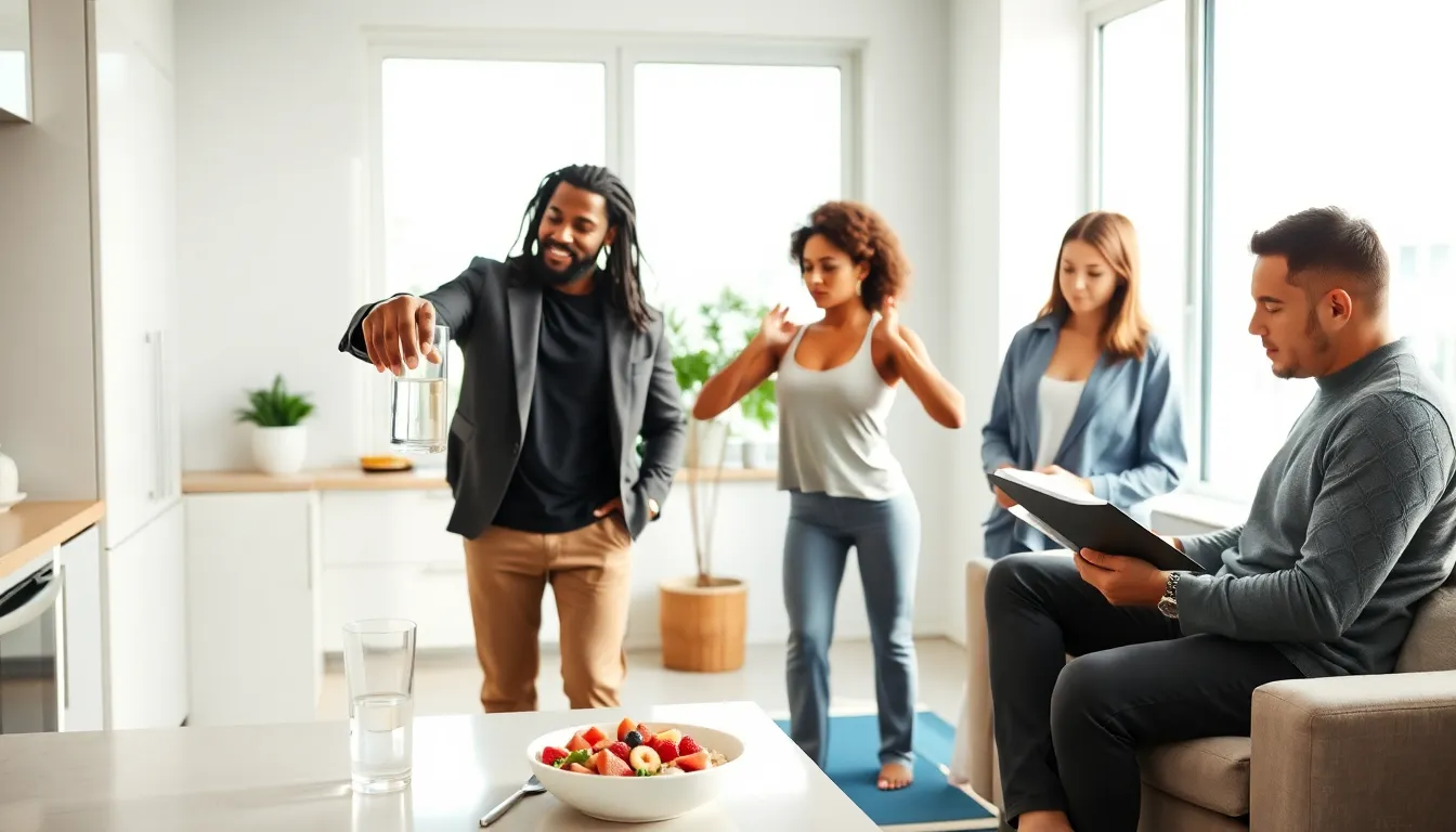 diverse group practicing morning routines in a modern kitchen.