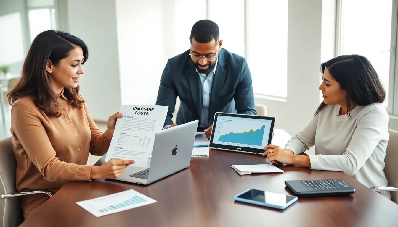 parents discussing childcare costs in a modern office.