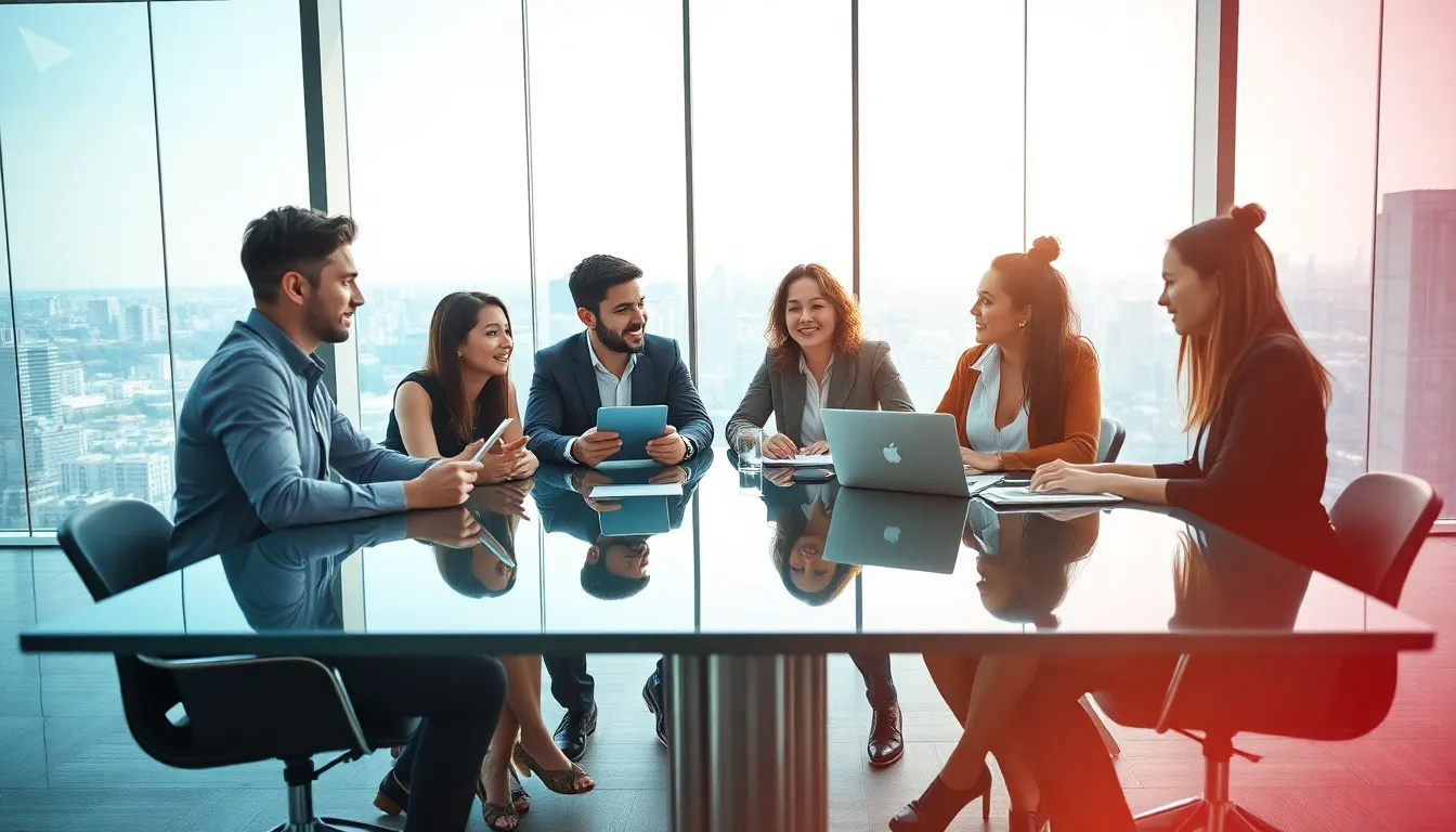 diverse team brainstorming in a modern office setting.